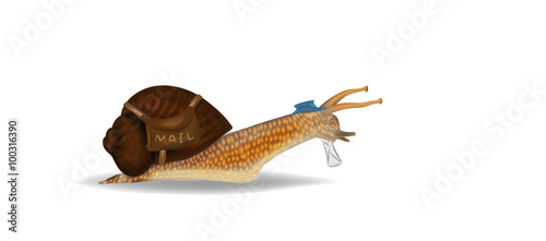 Snail mail concept. Snail with letter and postman bag