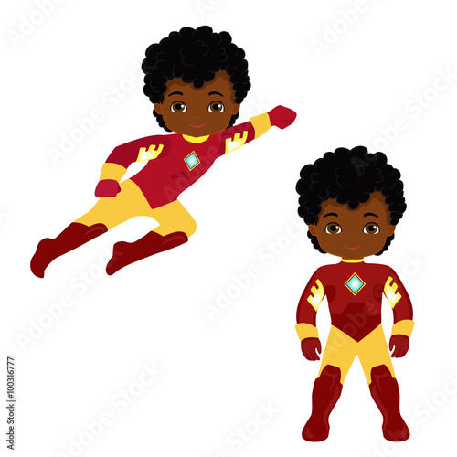 Cute Boy superhero in flight and in standing position.Illustration isolated on white background