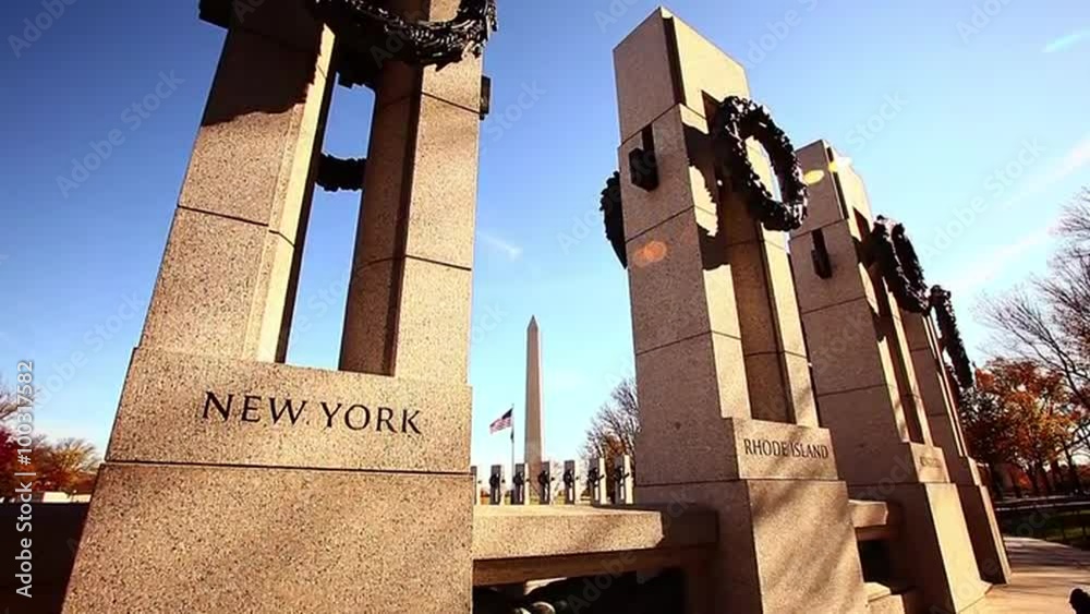 Tilt shot of New York pillar at the World War II Memorial in Washington DC with lens flare