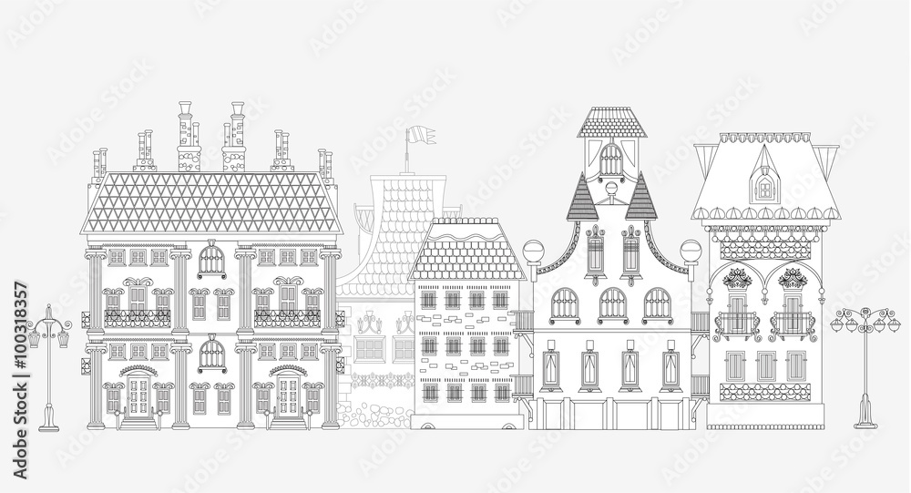 Doodle of beautiful city with very detailed and ornate town houses, trees and lanterns. City background