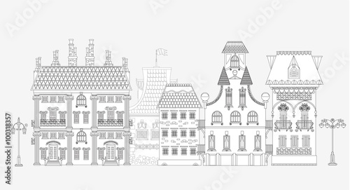 Doodle of beautiful city with very detailed and ornate town houses  trees and lanterns. City background