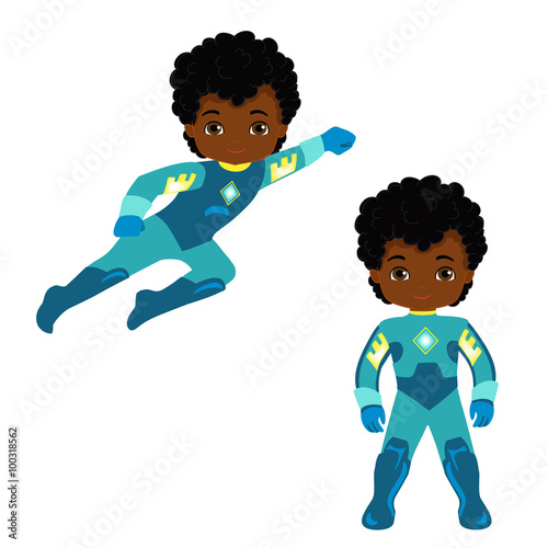 Cute Boy superhero in flight and in standing position.Illustration isolated on white background