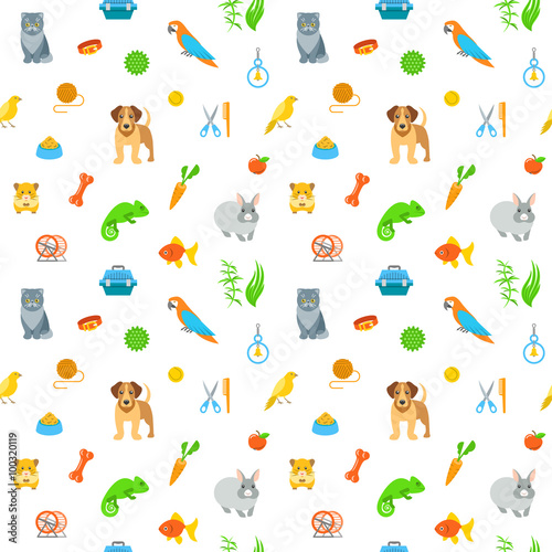Animal pets grooming and care flat colorful seamless pattern. Simple bright background with scattered symbols of food, toys and accessories for domestic animals. Wrapping paper endless design