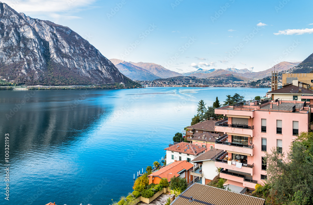 View over Campione D'Italia and Lake Lugano, Italian enclave in Switzerland
