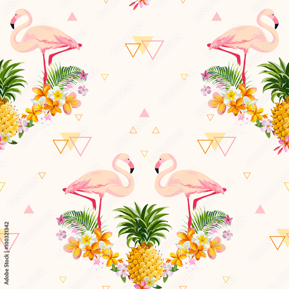 Naklejka premium Geometric Pineapple and Flamingo Background - Seamless Pattern