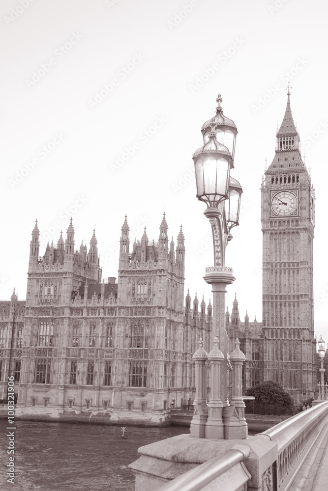 Big Ben and Houses of Parliament in London in Black and White Sepia Tone