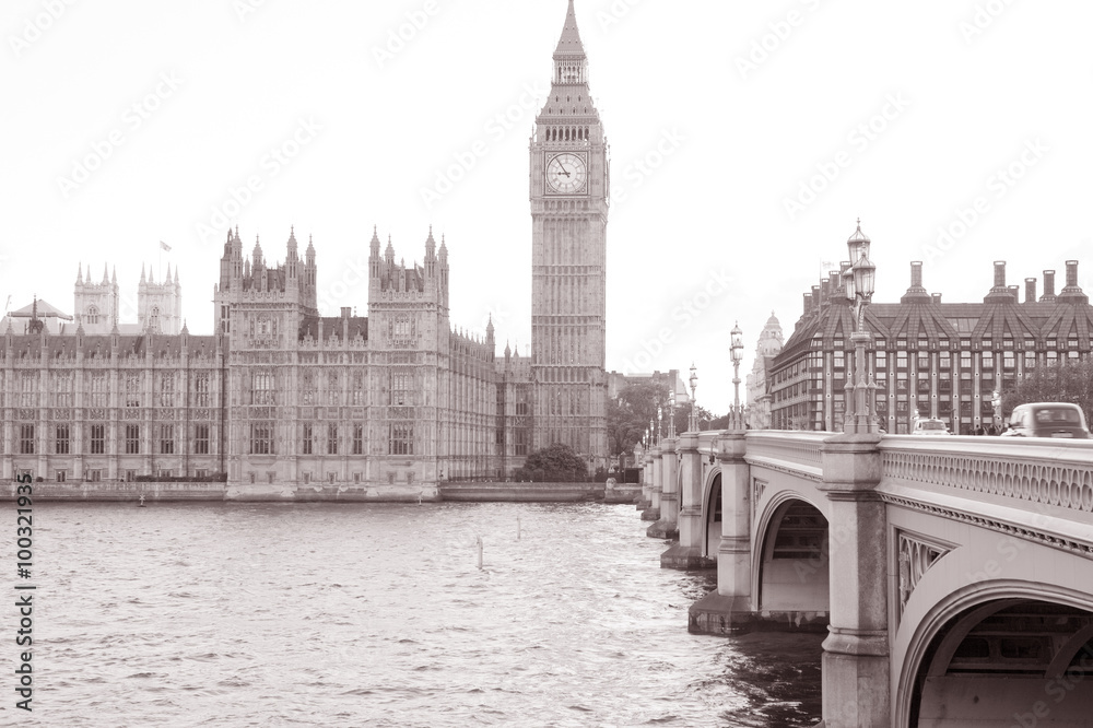 Houses of Parliament and Big Ben in Black and White Sepia Tone in London, England, UK