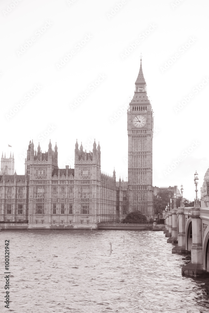 Houses of Parliament and Big Ben in London, Black and White Sepia Tone