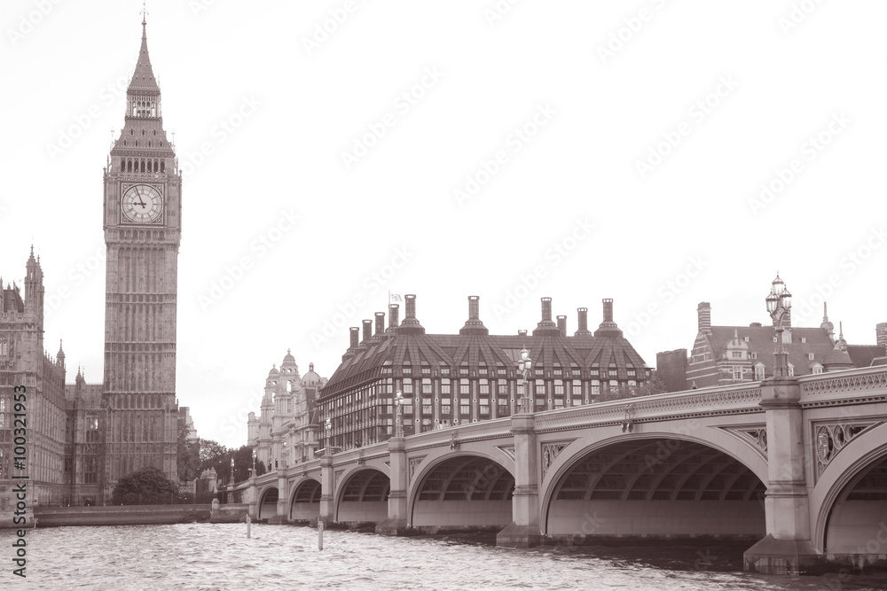 Westminster Bridge, Big Ben; London; England; UK in Black and White Sepia Tone Westminster Bridge, Big Ben; London; England; UK in Black and White Sepia Tone