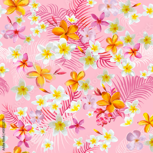 Tropical Flowers and Leaves Background - Vintage Seamless Pattern © wooster