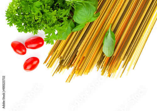 Fresh pasta and italian ingredients, isolated on white backgroun