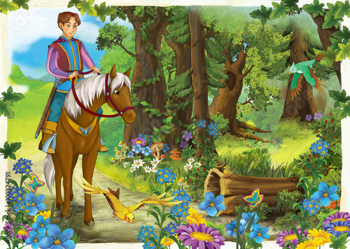 Fototapeta Naklejka Na Ścianę i Meble -  Cartoon nobleman riding on a white horse - prince or king - illustration for the children