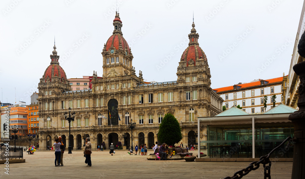   Square of Maria Pita and City hall. A Coruna