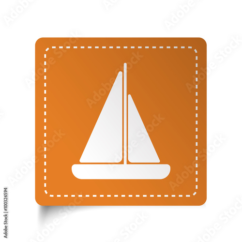 White flat Sailboat icon on orange sticker
