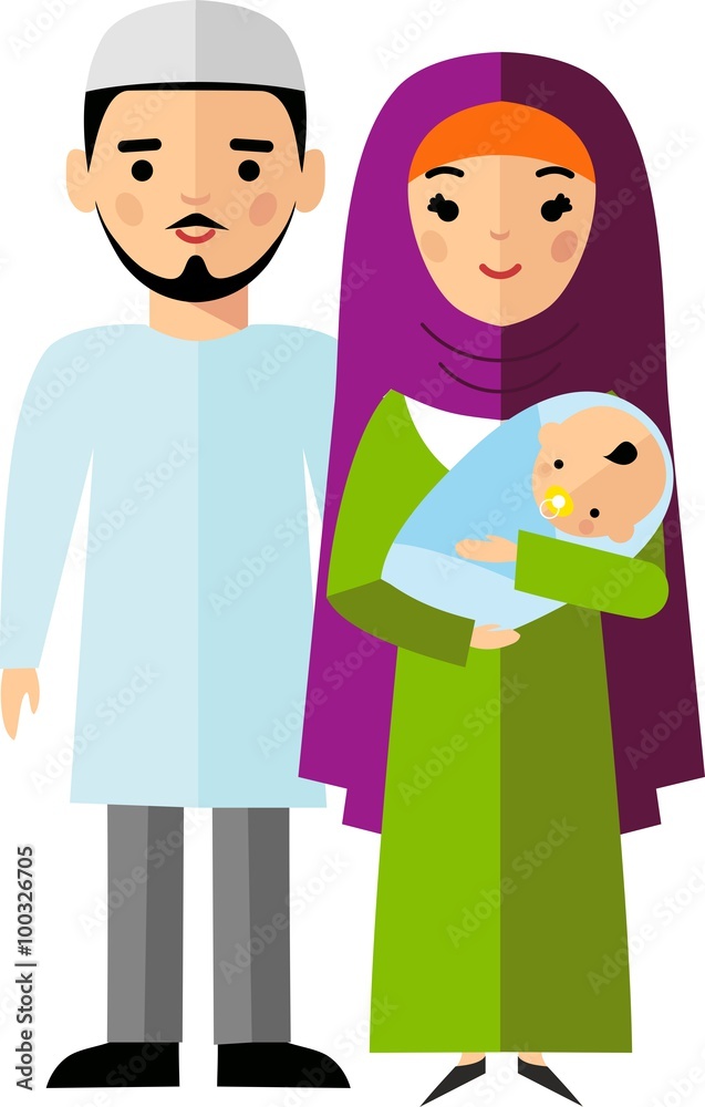 Obraz premium Vector colorful illustration of arab family in national clothes 