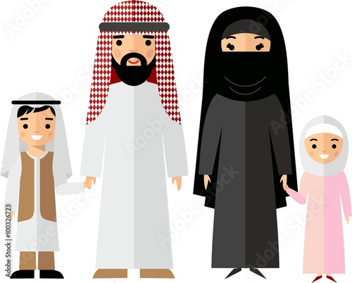 Traditional muslim family with children and maturity.  Set of vector  illustration arab  family in national clothes.
