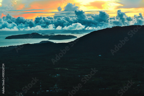 Nature Background. Scenic View Landscape Of Paradise Island During Sunset Or Sunrise Over The Sea With Beautiful Sky  Fluffy Cumulus Clouds. Beauty Scenery. Travel To Thailand. Koh Samui
