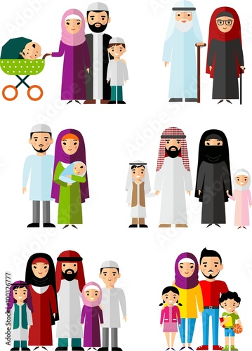 Traditional muslim family with children and maturity.  Set of vector  illustration arab  family in national clothes.
