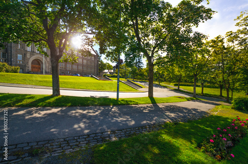 Norwegian University of Science and Technology - NTNU behind trees in Trondheim