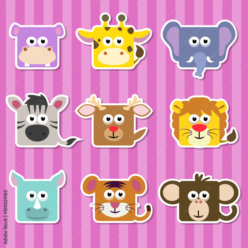 Set of cute cartoon square wild animals stickers Stock Vector | Adobe Stock