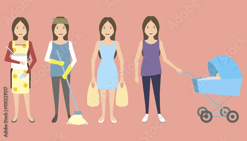 Woman household images: cooking, cleaning, shopping, walking with baby