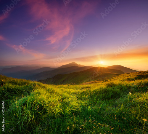 Mountain valley during sunrise. Natural summer landscape