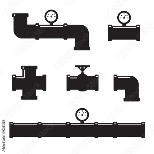Pipe fittings vector icons set. Tube industry, construction pipeline, drain system