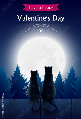 Two cats sitting o a fence looking at the fool moon, valentines day card.