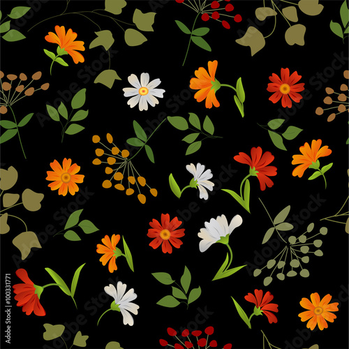 Elegant vector repeating pattern with flowers and leaves.