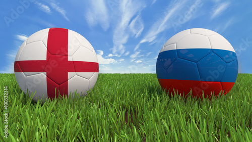 3D soccer balls with England and Russia flag  Euro 2016. Placed on 3d grass. Background isolated with clipping path.
