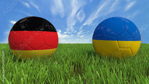 3D soccer balls with Germany and Ukraine flag  Euro 2016. Placed on 3d grass. Background isolated with clipping path.
