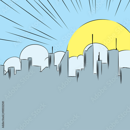 Vector comic cartoon background with cityscape, clouds and Sun