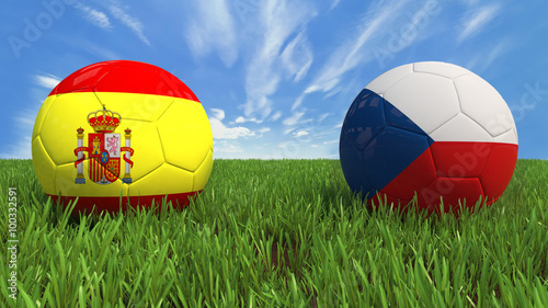 3D soccer balls with Spain and Czech Republic flag  Euro 2016. Placed on 3d grass. Background isolated with clipping path.