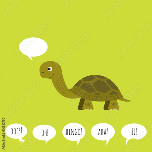Vector illustration of turtle with speech bubble. Flat style.
