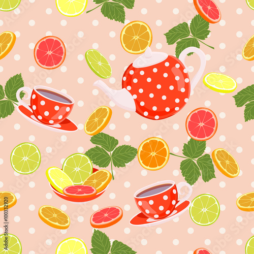 Fototapeta Naklejka Na Ścianę i Meble -  Repeating pattern with a kettle, cups, slices of citrus and leaves.