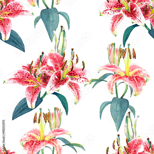 Fototapeta Naklejka Na Ścianę i Meble -  Seamless floral pattern of tropical pink lilies. Hand painted watercolor. Isolated on black background. Fabric texture.