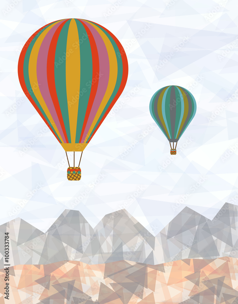 Fototapeta premium Air balloons background with geometric hills