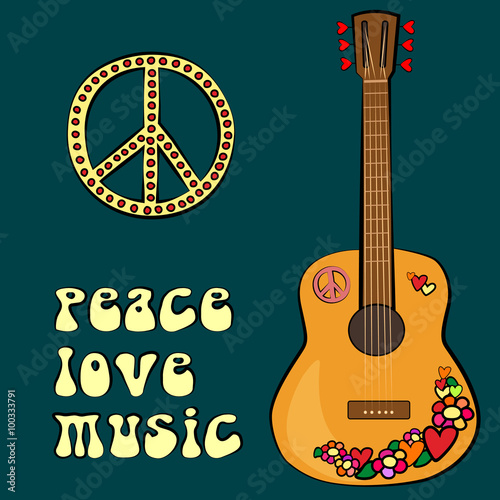 PEACE LOVE MUSIC text design with peace symbol and guitar
