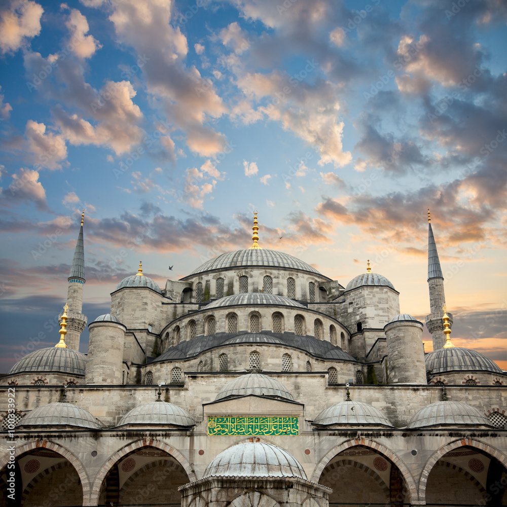 Blue Mosque from courtyard against amazing sky, Istanbul,