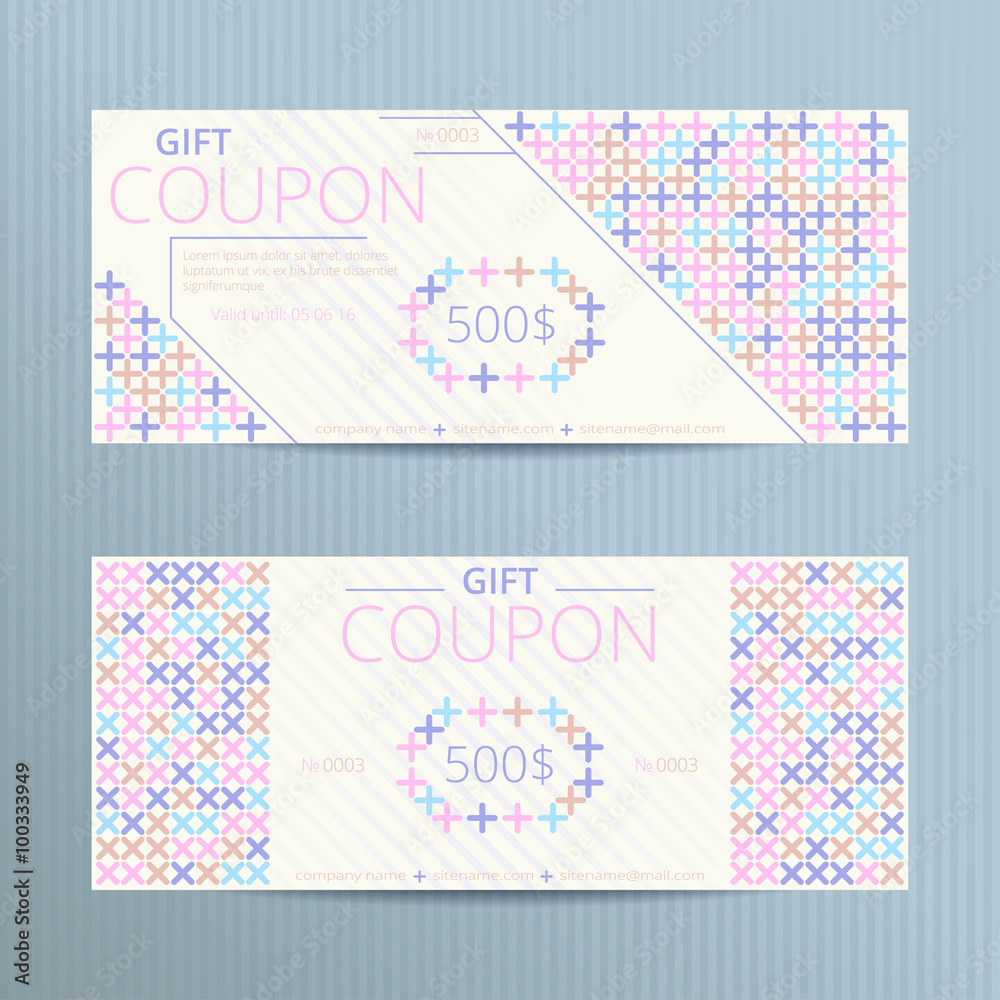 Vector illustration of gift voucher template collection. Voucher tickets. Voucher sale coupon. Gift voucher vector. Set of vector coupon templates. Colorful gift coupons with cross-stiches.