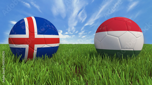    3D soccer balls with Iceland and Hungary flag  Euro 2016. Placed on 3d grass. Background isolated with clipping path. 