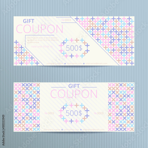 Vector illustration of gift voucher template collection. Voucher tickets. Voucher sale coupon. Gift voucher vector. Set of vector coupon templates. Colorful gift coupons with cross-stiches.