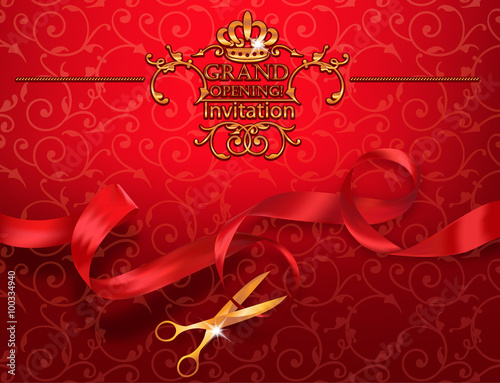 Red grand opening invitation card with scissors and red ribbon