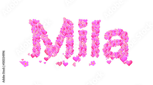 Mila female name set with hearts type design photo