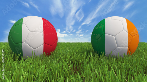     3D soccer balls with Italy and Republic of Ireland flag  Euro 2016. Placed on 3d grass. Background isolated with clipping path. 