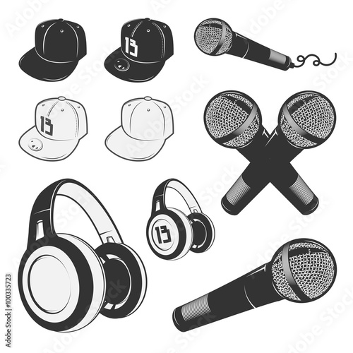 Set of vintage rap design elements. Monochrome style. 