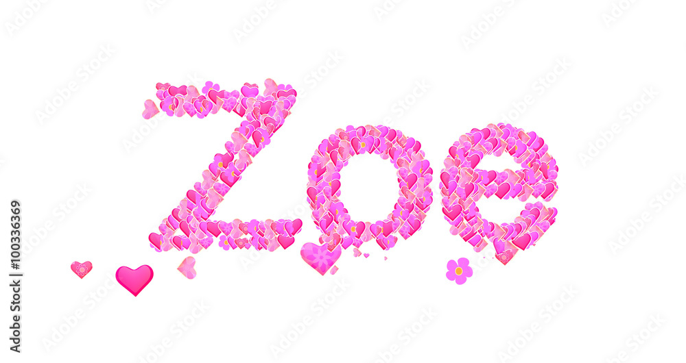 Zoe female name set with hearts type design