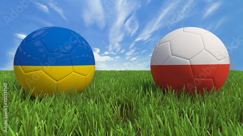 Foto "
 3D soccer balls with Ukraine and Poland flag, Euro 2016