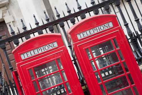 Two Traditional Red Telephone Boxes; London, England, UK