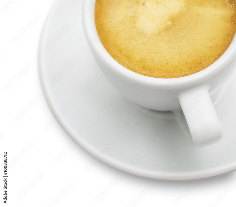 Extreme close up shot of espresso coffee cup isolated on white background. Extreme close up shot of espresso coffee cup isolated on white background.